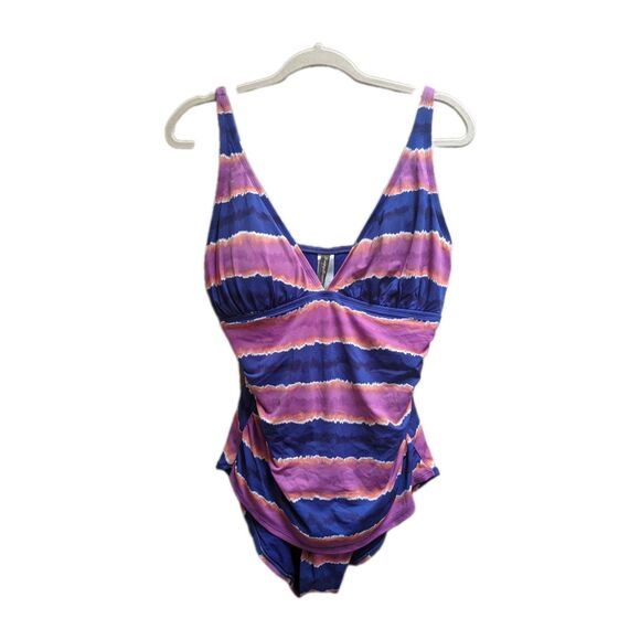 Tommy Bahama One-piece Swimsuit Sz 16 XL Striped Sunset Tankini Ruched Tropical - Picture 2 of 11